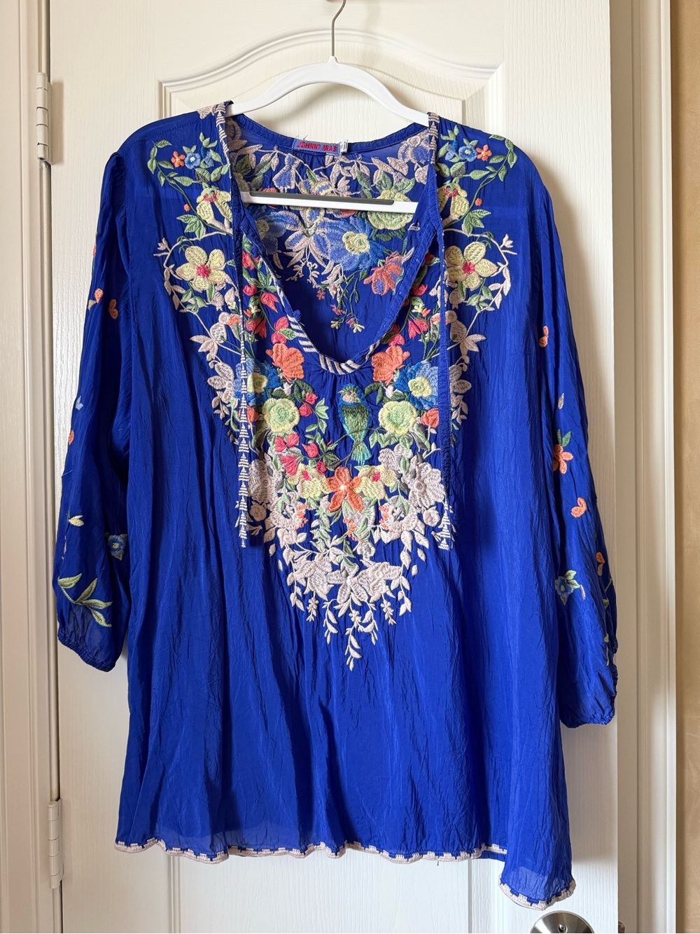 Johnny Was Royal Blue Embroidered V-Neck Tunic